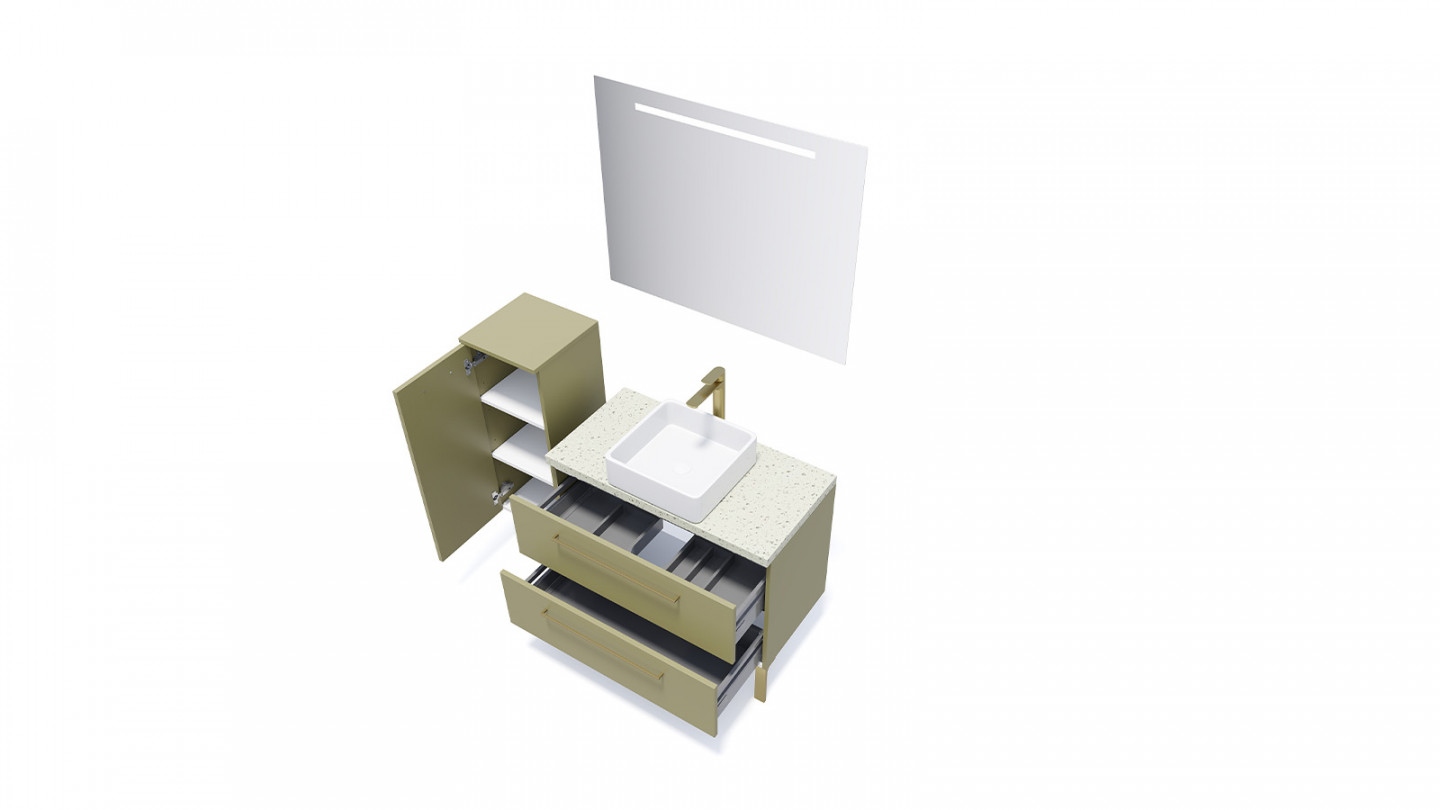 Meuble de salle de bain suspendu vasque à poser 90cm 2 tiroirs Vert olive - Osmose
