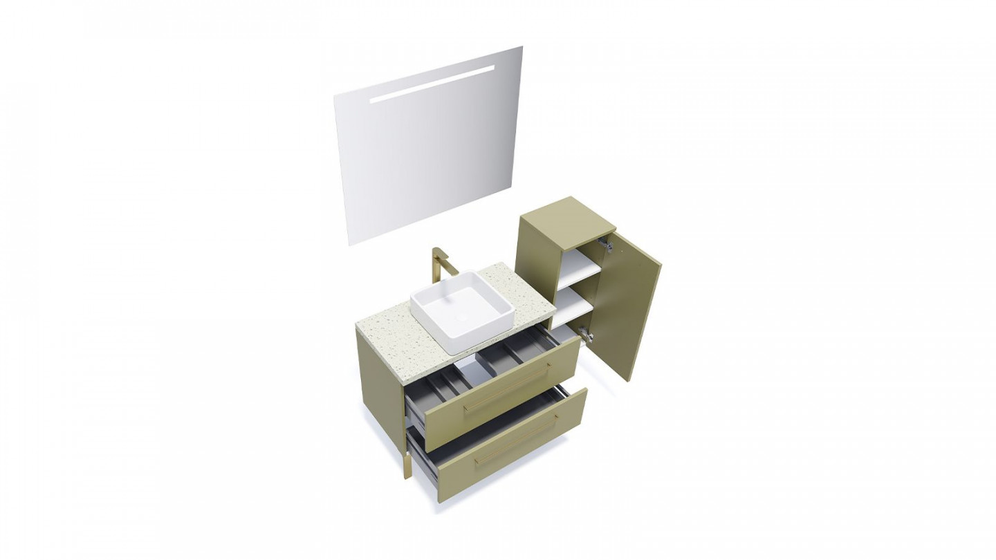 Meuble de salle de bain suspendu vasque à poser 90cm 2 tiroirs Vert olive + miroir + colonne ouverture droite - Osmose
