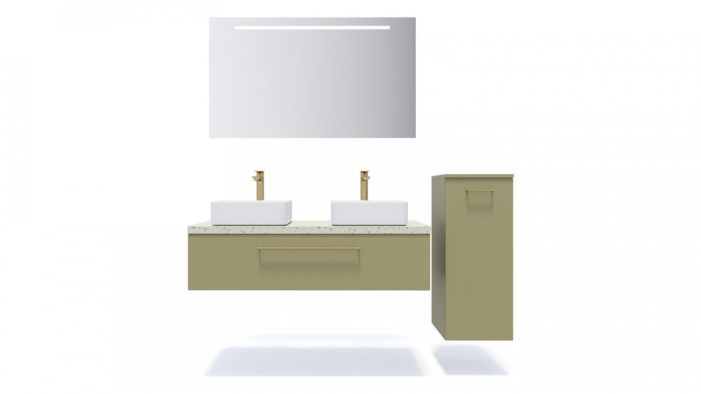 Meuble de salle de bain suspendu 2 vasques à poser 120cm 1 tiroir Vert olive + miroir + colonne ouverture droite - Osmose