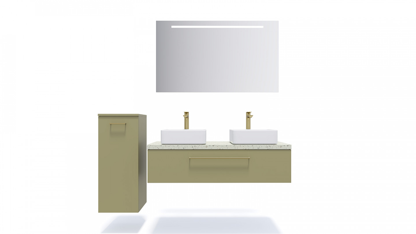 Meuble de salle de bain suspendu 2 vasques à poser 120cm 1 tiroir Vert olive + miroir + colonne ouverture gauche - Osmose