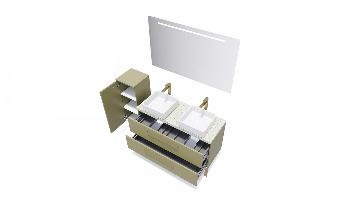 Meuble de salle de bain suspendu 2 vasques à poser 120cm 2 tiroirs Vert olive + miroir - Osmose