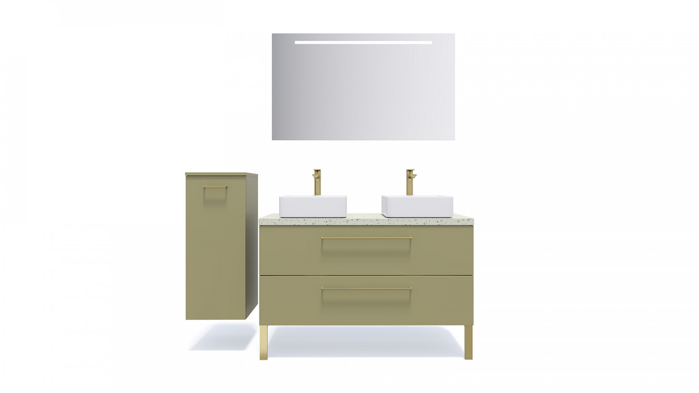 Meuble de salle de bain suspendu 2 vasques à poser 120cm 2 tiroirs Vert olive + miroir + colonne ouverture gauche - Osmose