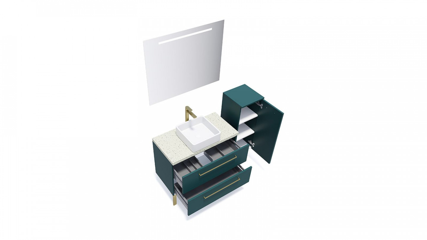Meuble de salle de bain suspendu vasque à poser 90cm 2 tiroirs Bleu + miroir + colonne ouverture droite - Osmose