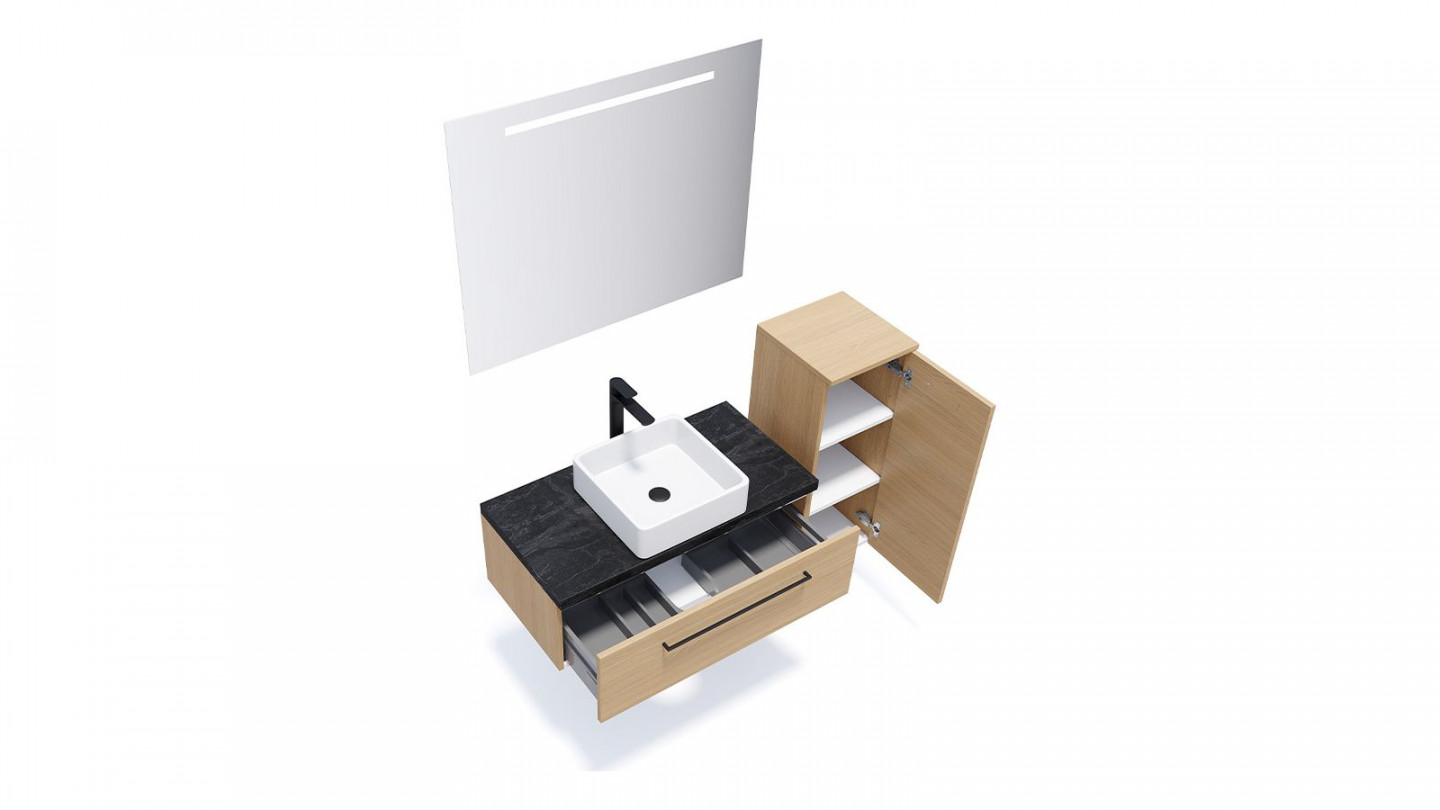 Meuble de salle de bain suspendu vasque à poser 90cm 1 tiroir Chêne clair + miroir + colonne ouverture droite - Osmose