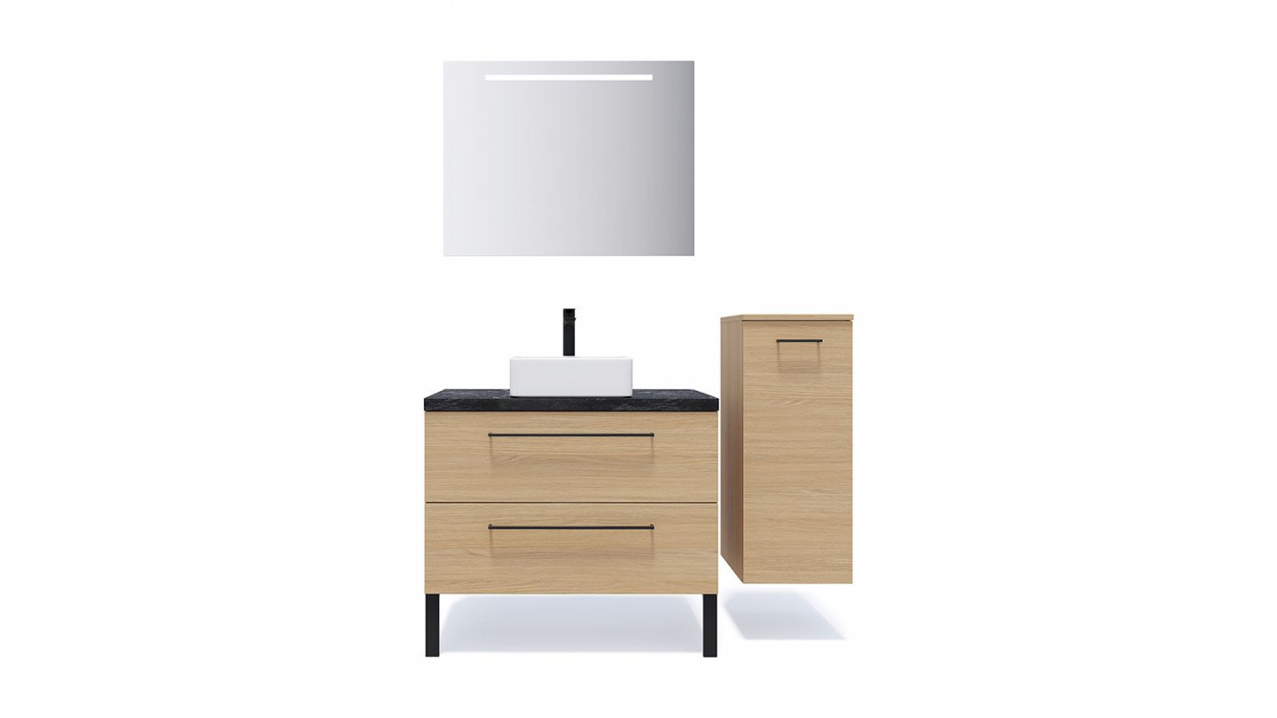 Meuble de salle de bain suspendu vasque à poser 90cm 2 tiroirs Chêne clair + miroir + colonne ouverture droite - Osmose