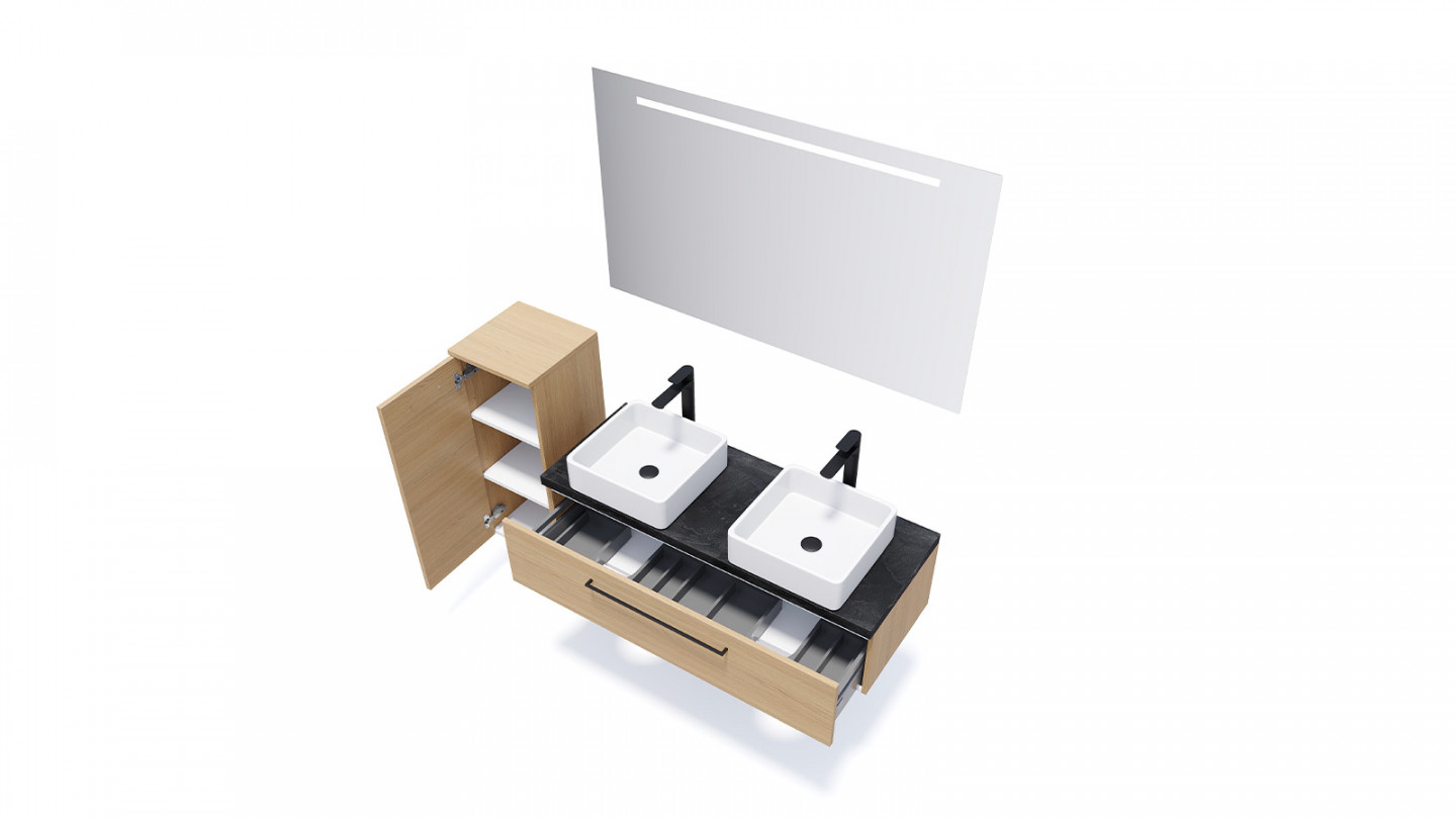 Meuble de salle de bain suspendu 2 vasques à poser 120cm 1 tiroir Chêne clair + miroir - Osmose