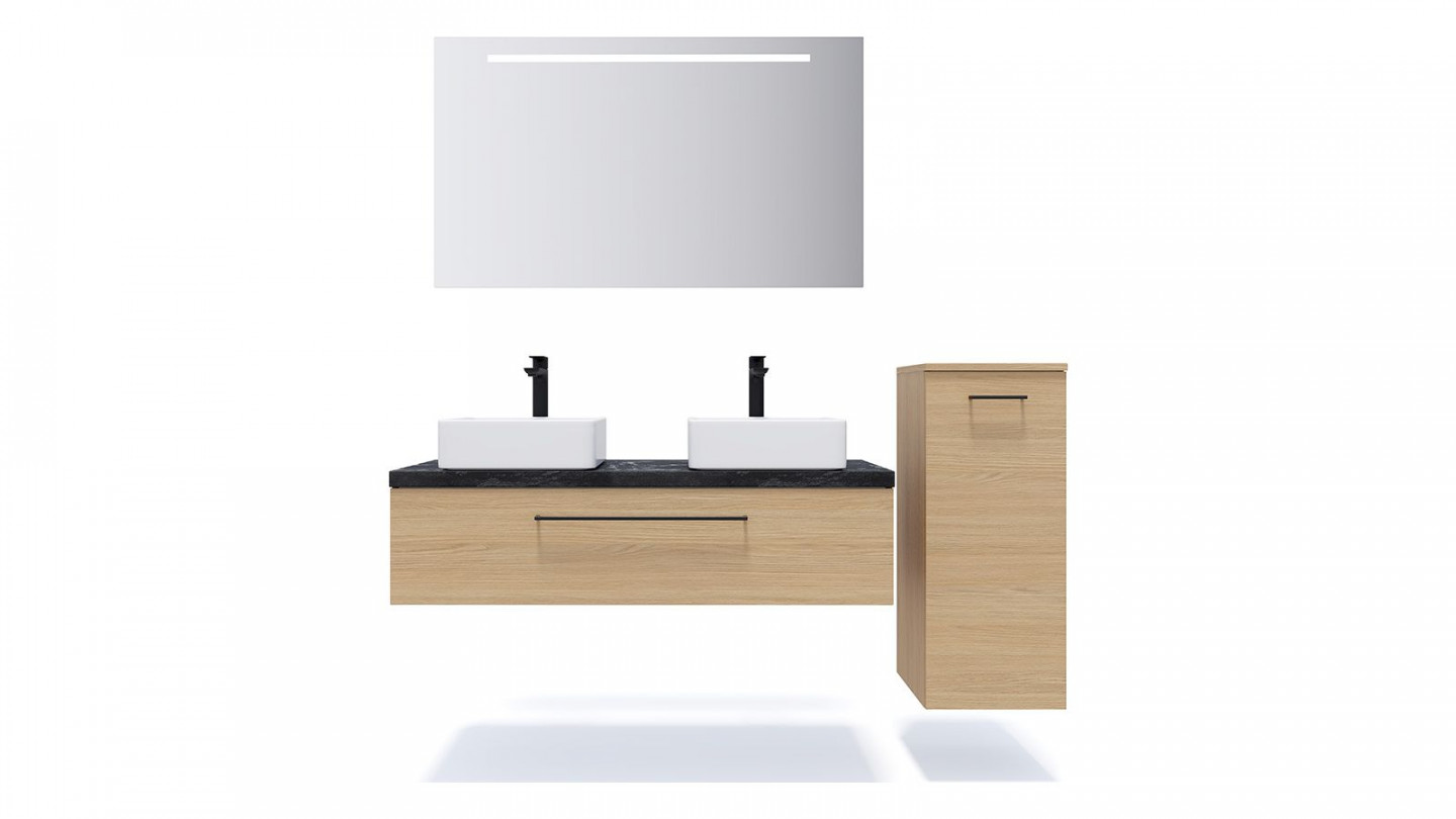 Meuble de salle de bain suspendu 2 vasques à poser 120cm 1 tiroir Chêne clair + miroir + colonne ouverture droite - Osmose