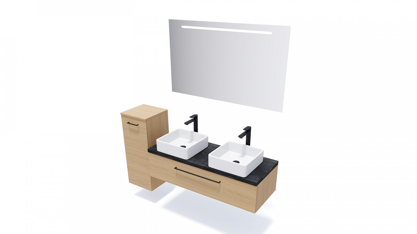 Meuble de salle de bain suspendu 2 vasques à poser 120cm 1 tiroir Chêne clair + miroir + colonne ouverture gauche - Osmose