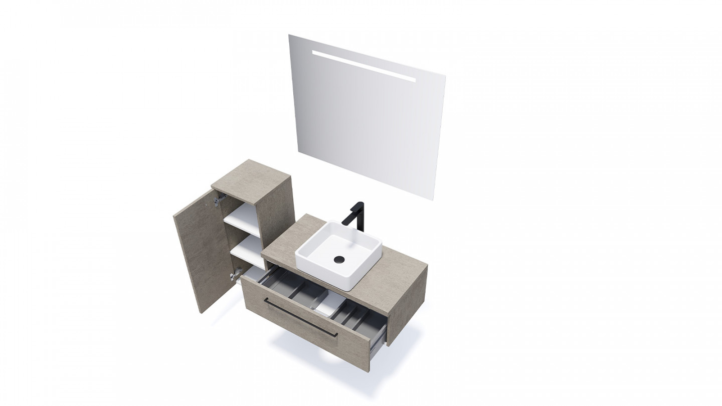 Meuble de salle de bain suspendu vasque à poser 90cm 1 tiroir façon Béton + miroir - Osmose