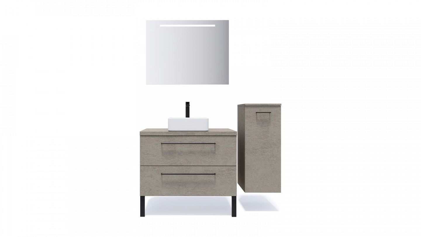 Meuble de salle de bain suspendu vasque à poser 90cm 2 tiroirs façon Béton + miroir + colonne ouverture droite - Osmose