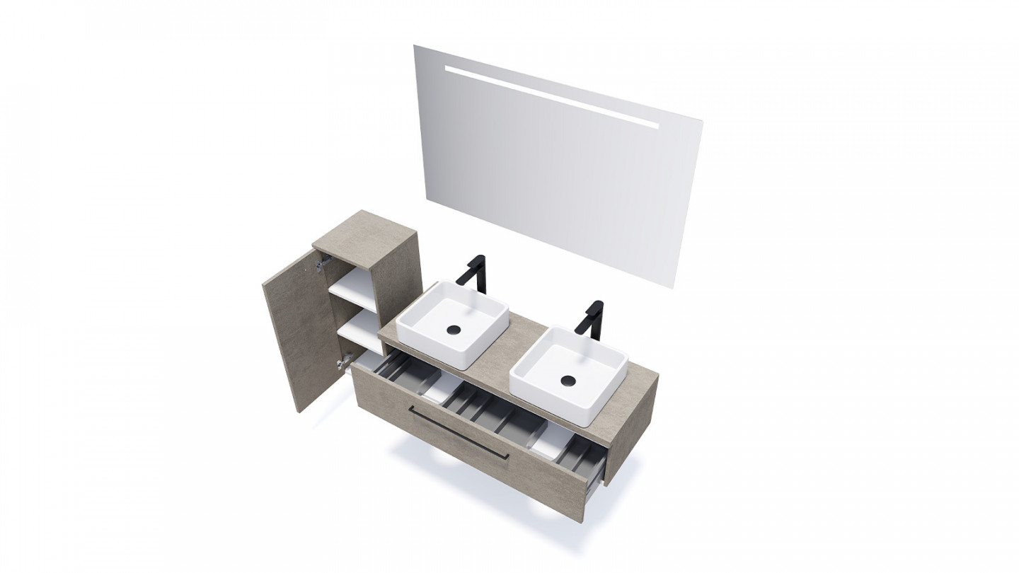 Meuble de salle de bain suspendu 2 vasques à poser 120cm 1 tiroir façon Béton + miroir + colonne ouverture gauche - Osmose