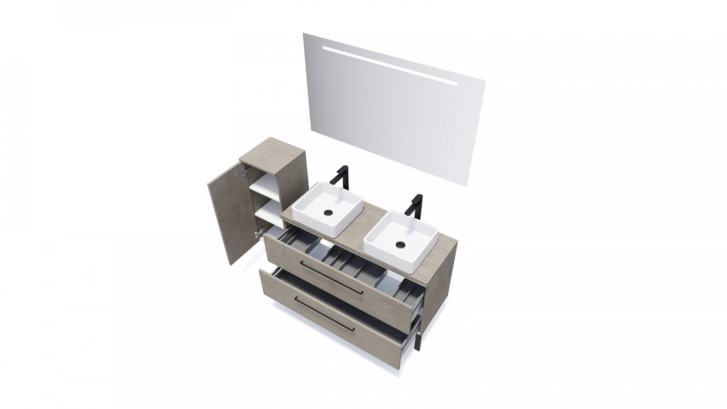 Meuble de salle de bain suspendu 2 vasques à poser 120cm 2 tiroirs façon Béton + miroir - Osmose