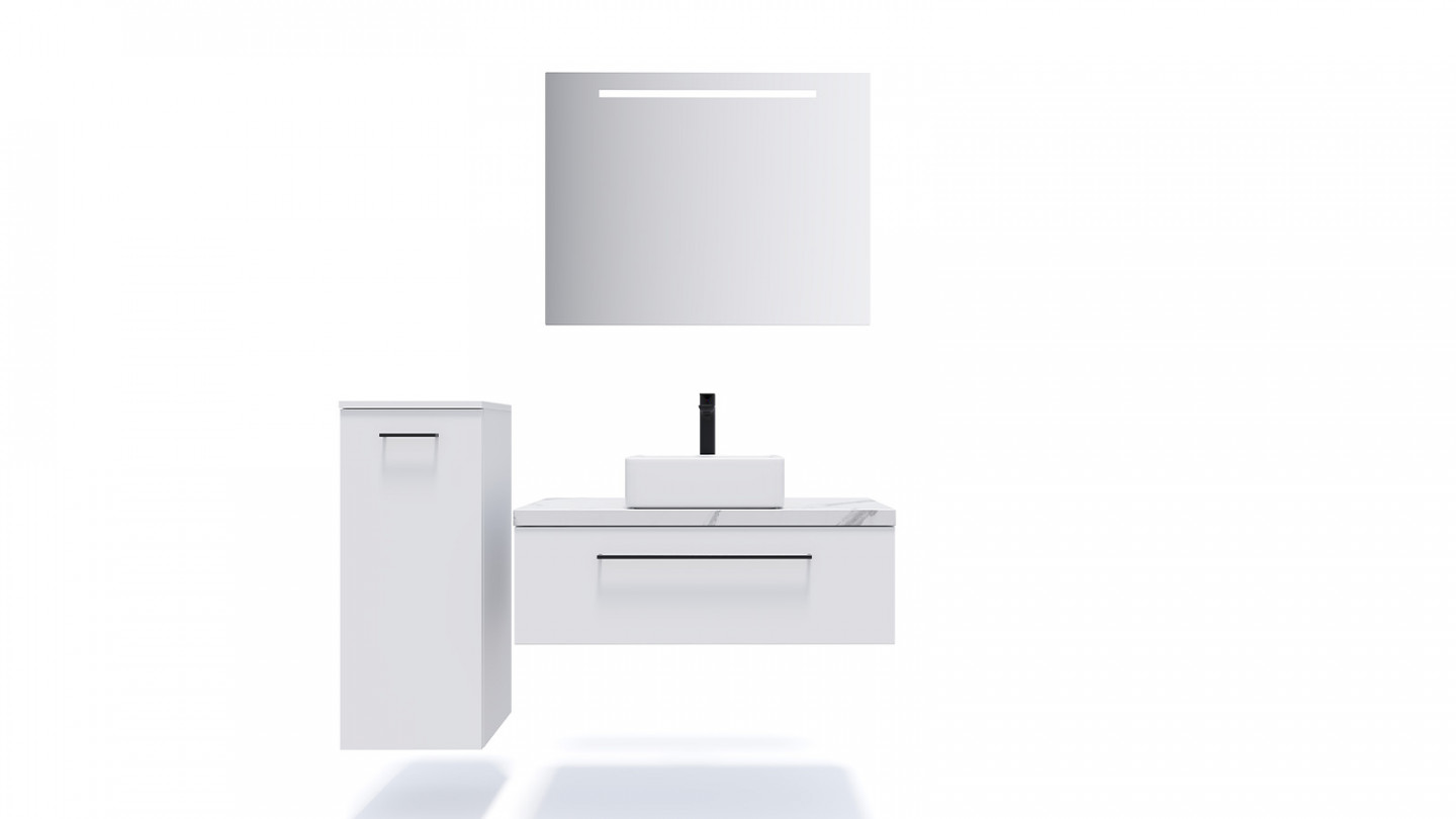 Meuble de salle de bain suspendu vasque à poser 90cm 1 tiroir Blanc + miroir + colonne ouverture gauche - Osmose