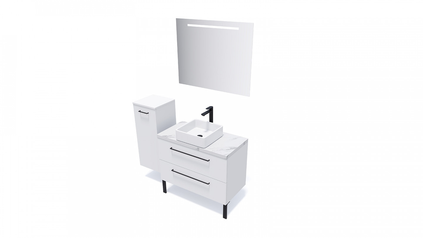 Meuble de salle de bain suspendu vasque à poser 90cm 2 tiroirs Blanc + miroir + colonne ouverture gauche - Osmose