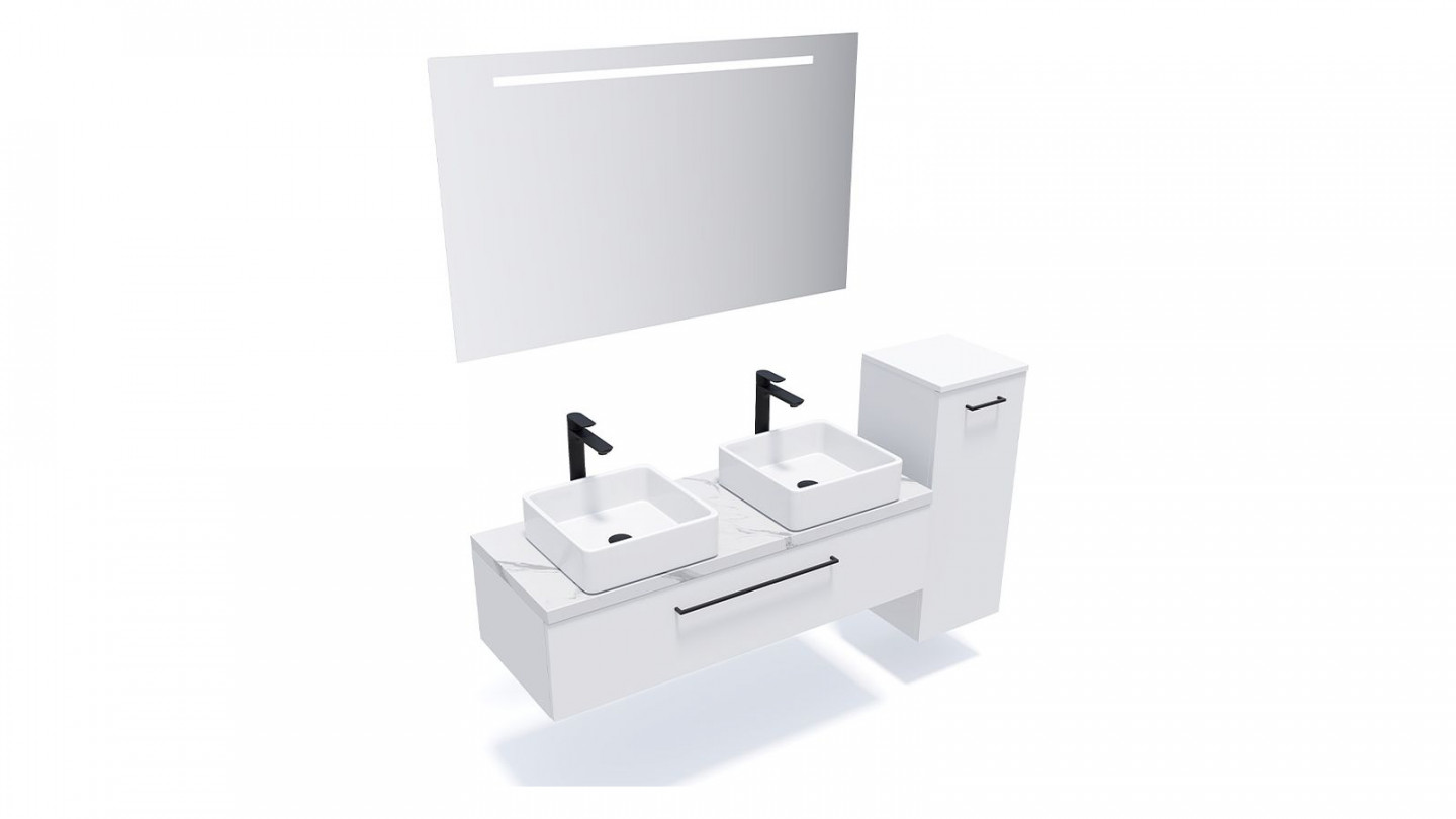 Meuble de salle de bain suspendu 2 vasques à poser 120cm 1 tiroir Blanc + miroir + colonne ouverture droite - Osmose