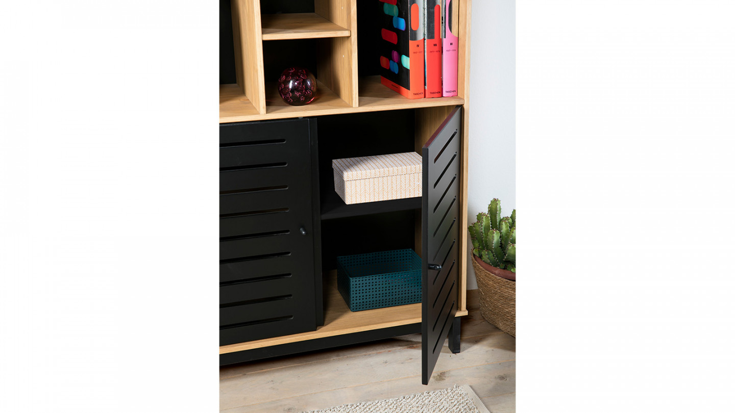 Bibliothèque 2 portes 7 niches noir / effet bois 90 cm - Rosa