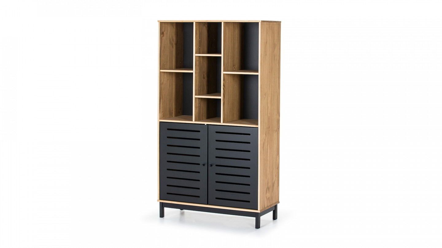 Bibliothèque 2 portes 7 niches noir / effet bois 90 cm - Rosa