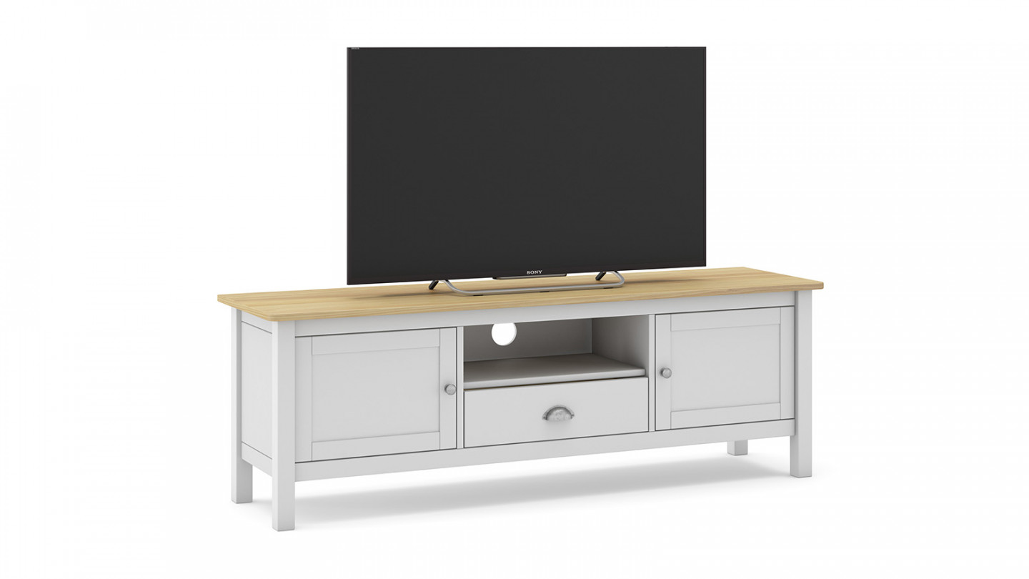 Meuble TV 2 portes 1 tiroir en pin massif blanc / effet chêne 158 cm - Macha