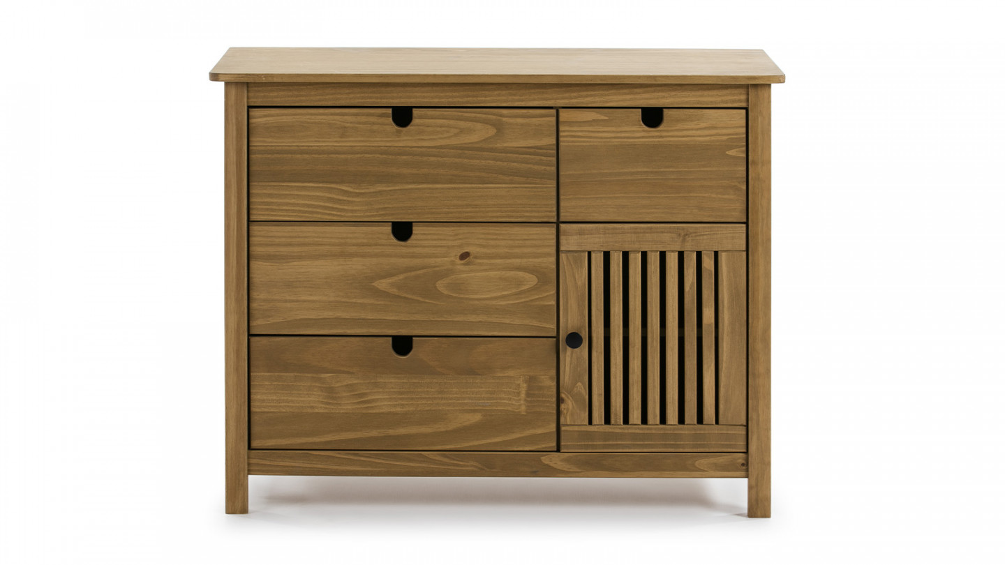 Commode 1 porte 4 tiroirs en pin massif couleur bois naturel 100 cm - Fabia