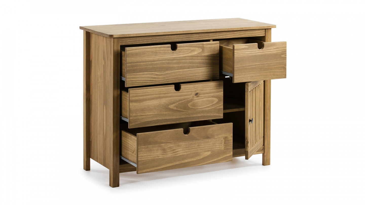 Commode 1 porte 4 tiroirs en pin massif couleur bois naturel 100 cm - Fabia