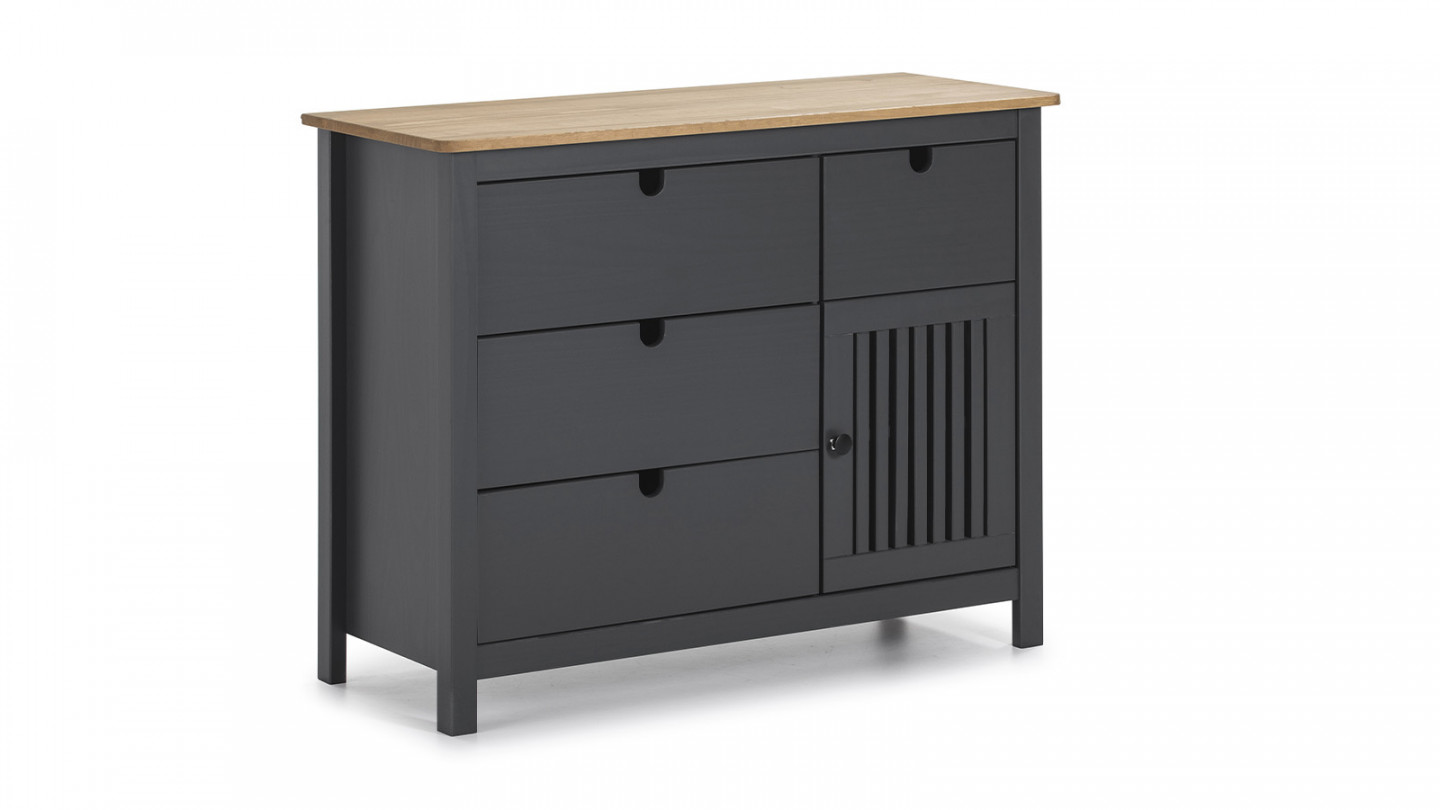 Commode 1 porte 4 tiroirs en pin massif gris anthracite 100 cm - Fabia