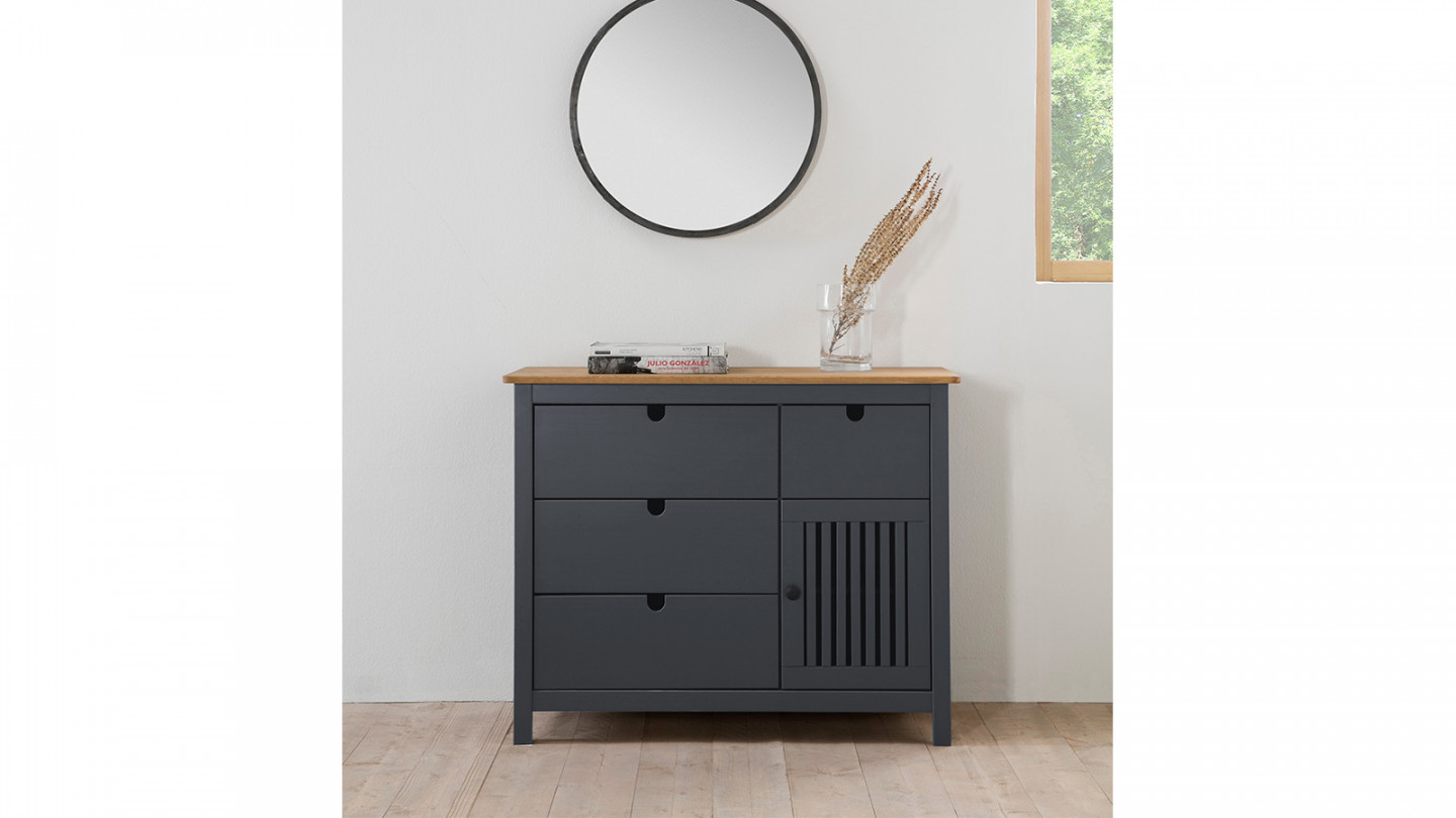 Commode 1 porte 4 tiroirs en pin massif gris anthracite 100 cm - Fabia