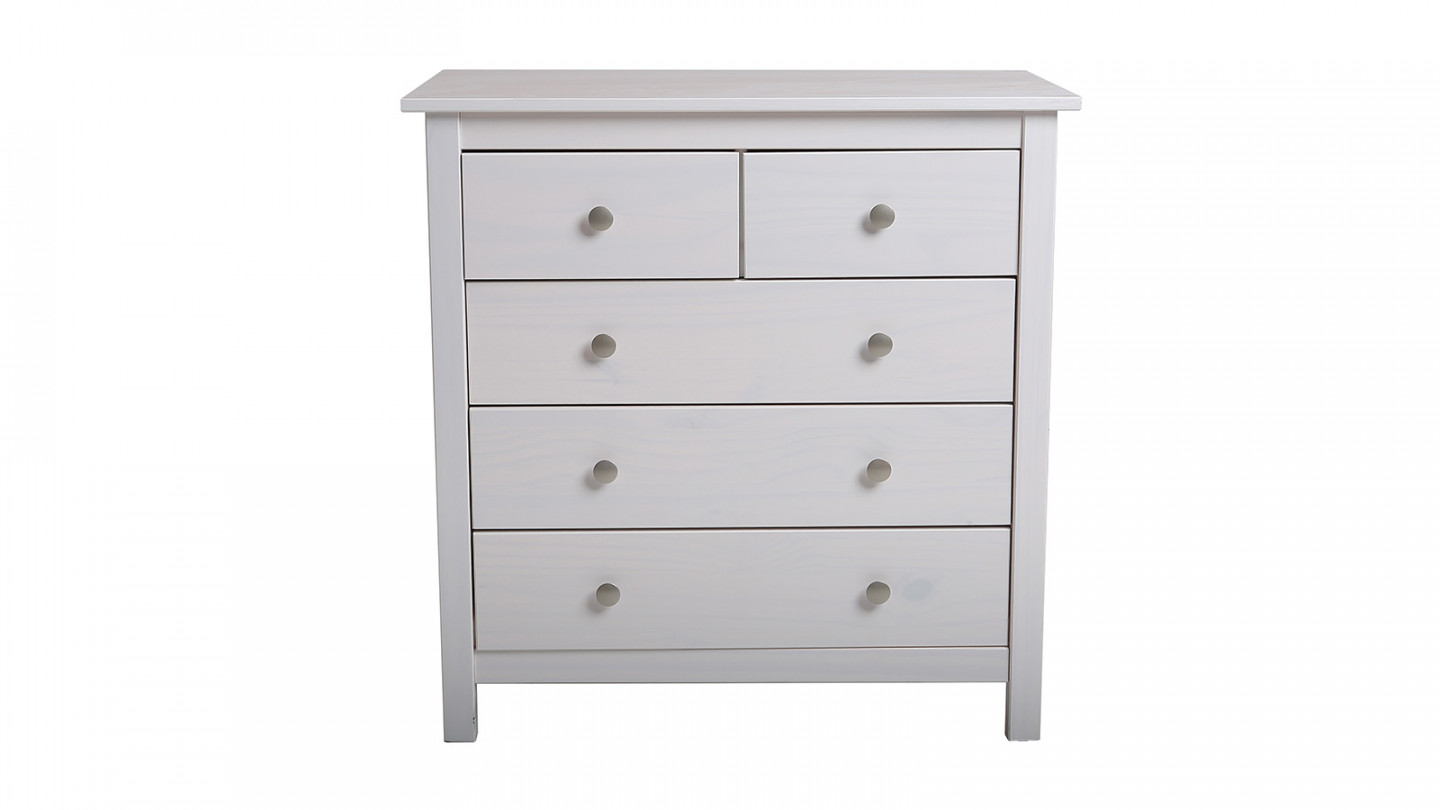 Commode 5 tiroirs en pin massif blanc 79 cm - Elton