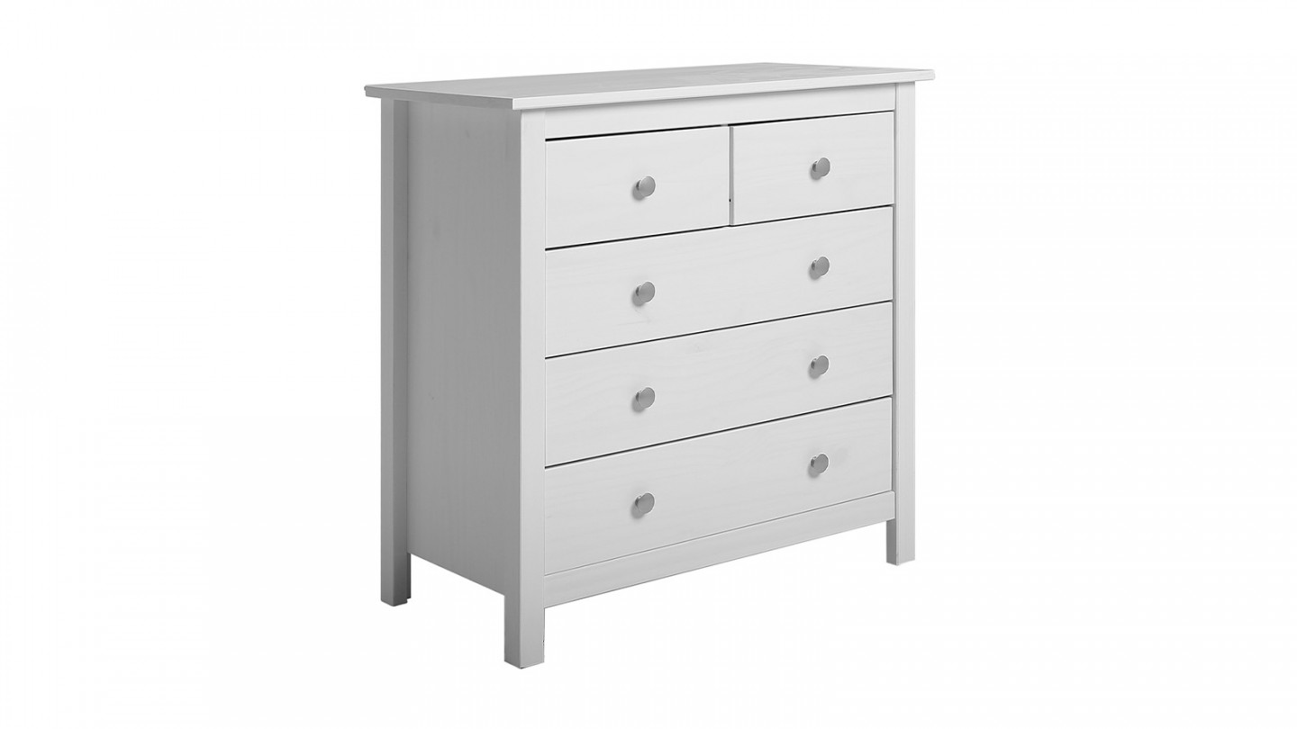 Commode 5 tiroirs en pin massif blanc 79 cm - Elton