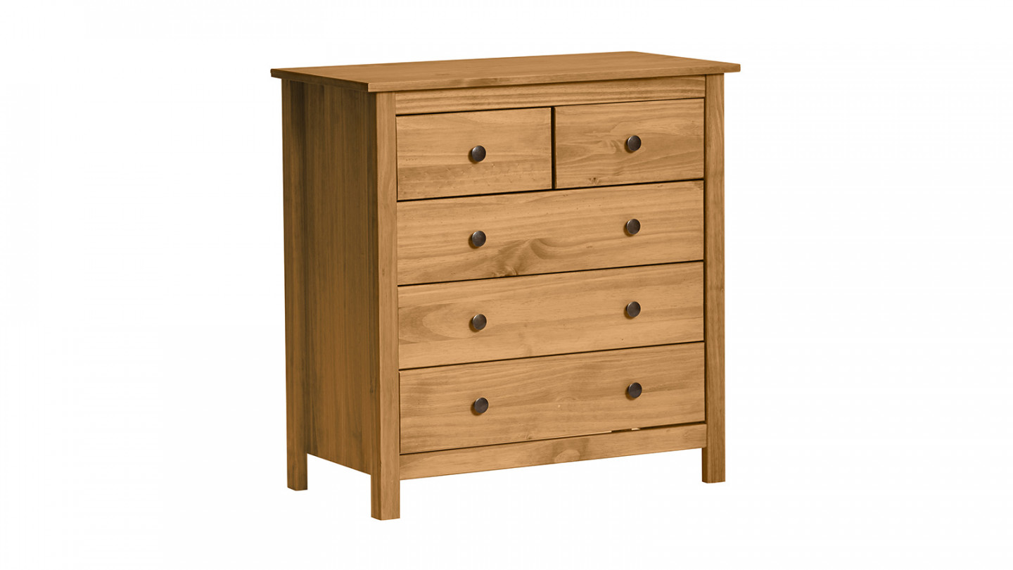 Commode 5 tiroirs en pin massif couleur bois naturel 79 cm - Elton