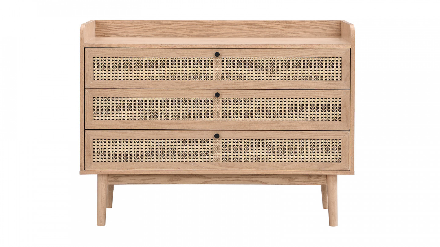 Commode 3 tiroirs en cannage naturel et placage chêne 105 cm - Eden