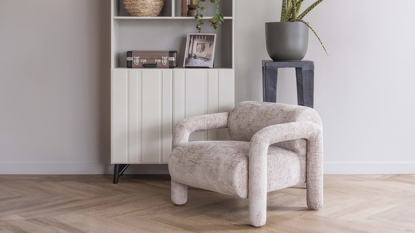 Fauteuil design en tissu chenille beige - Lenny