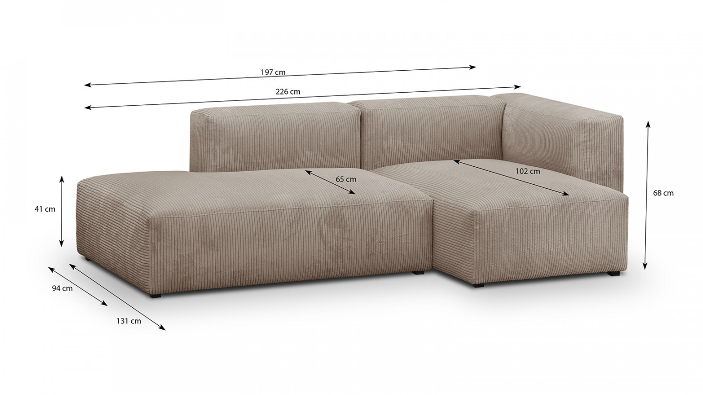 Canapé d'angle à droite modulable avec méridienne 3/4 places en velours côtelé taupe - Modulo New