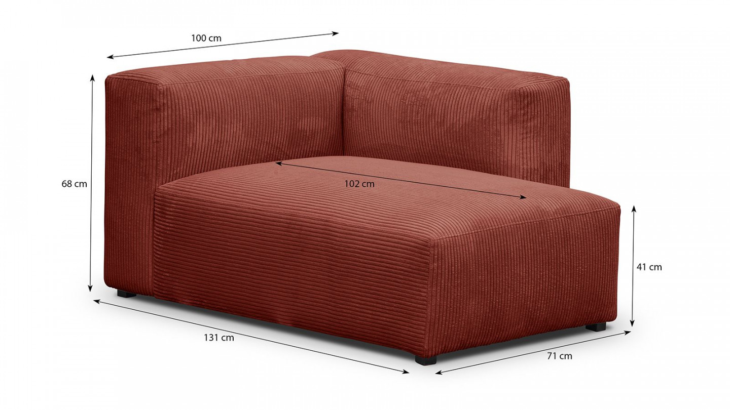 Canapé d'angle à droite modulable avec méridienne 5 places en velours côtelé rouille - Modulo New