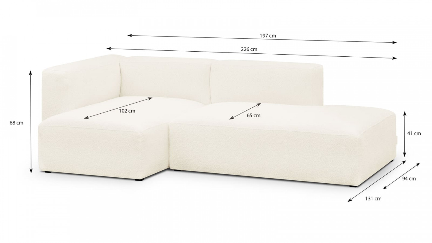 Canapé d'angle à gauche modulable avec méridienne 3/4 places en tissu bouclette écru - Modulo