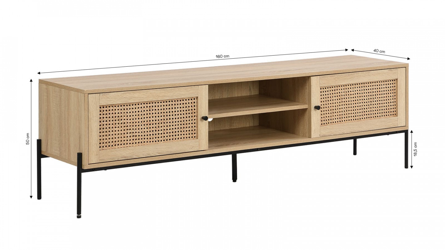 Meuble TV 2 portes en cannage naturel et effet chêne 160 cm - Iris Meuble TV 2 portes en cannage naturel et effet chêne 160 cm - Iris