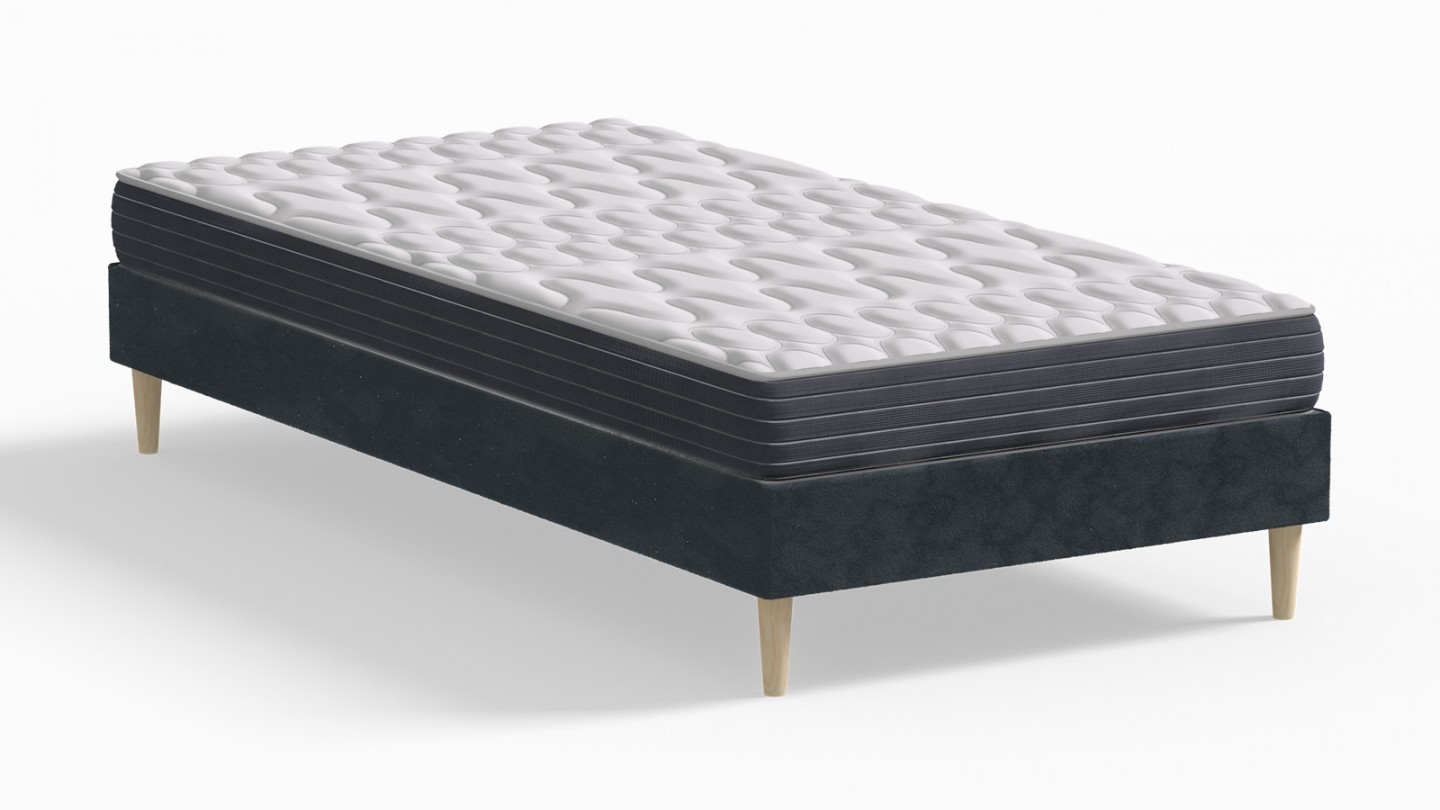 Ensemble lit adulte 90x190 cm en velours bleu nuit Dina + Matelas mémoire de forme Memo HR