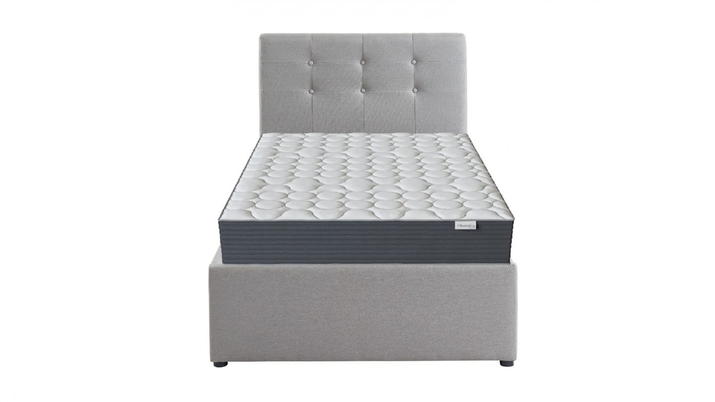 Ensemble matelas mémoire + lit enfant coffre et sommier 90x190cm en tissu gris clair Memo HR avec tête de lit- Collection Tina