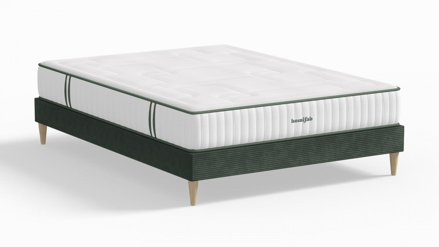 Ensemble lit adulte 180x200 cm en velours côtelé vert Dina + Matelas Latex naturel et ressorts ensachés