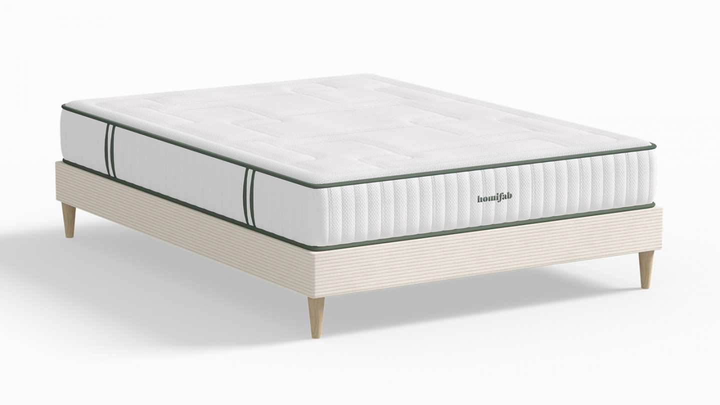 Ensemble lit adulte 180x200 cm en velours côtelé beige Dina + Matelas Latex naturel et ressorts ensachés