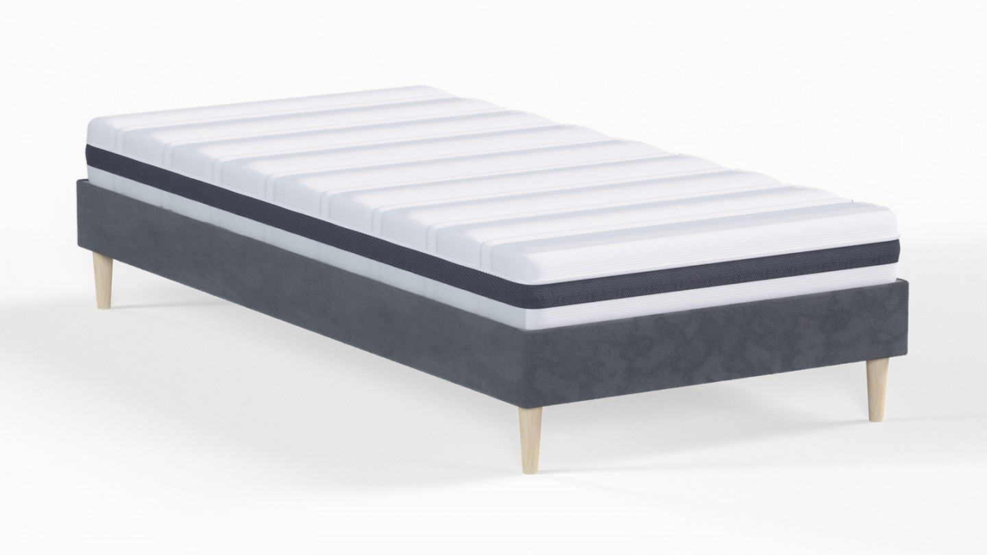 Ensemble lit adulte 90x190 cm en velours gris anthracite Dina + Matelas ressorts ensachés Mousse HR