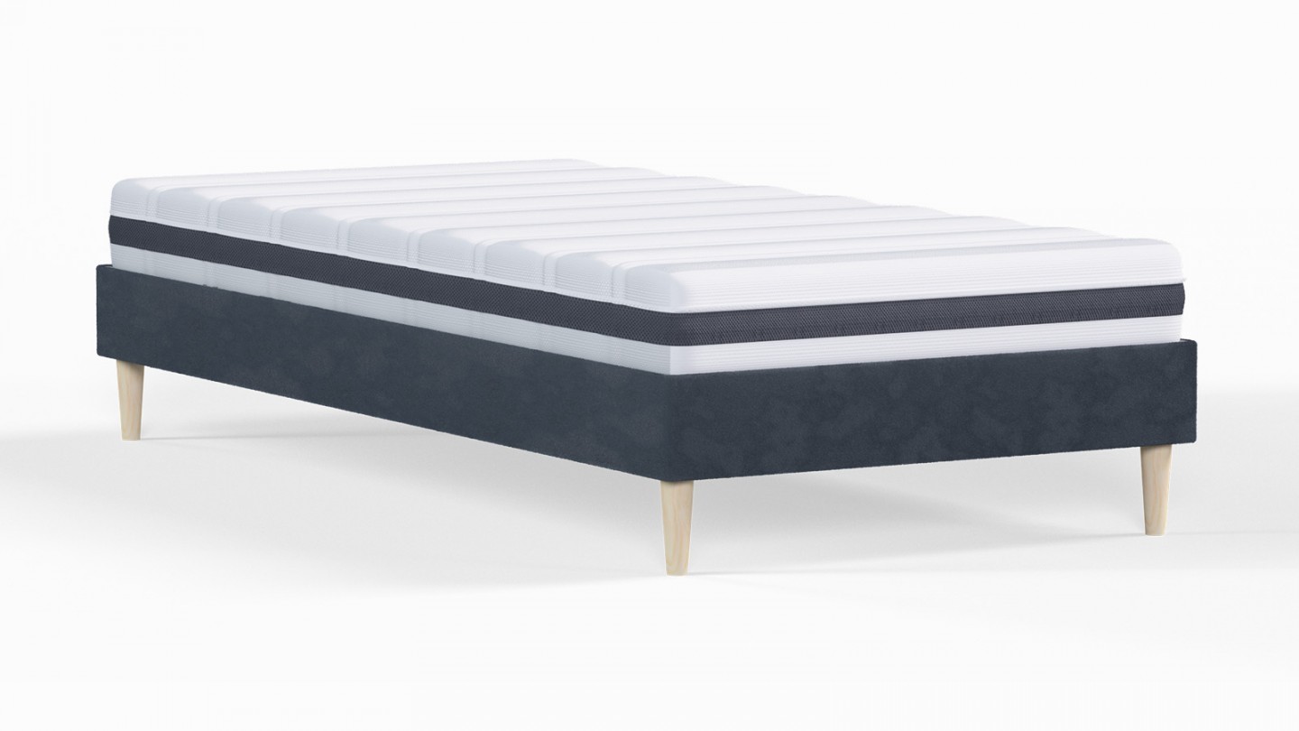 Ensemble lit adulte 90x190 cm en velours bleu nuit Dina + Matelas ressorts ensachés Mousse HR