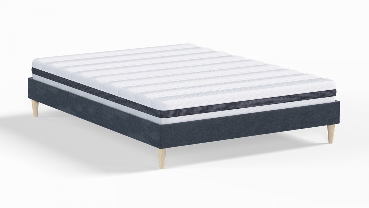 Ensemble lit adulte 140x190 cm en velours bleu nuit Dina + Matelas ressorts ensachés Mousse HR