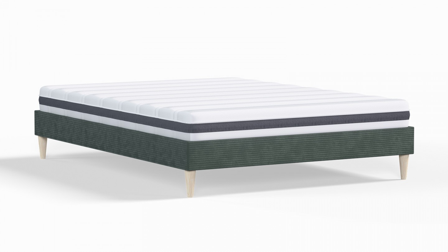 Ensemble lit adulte 160x200 cm en velours côtelé vert Dina + Matelas ressorts ensachés Mousse HR