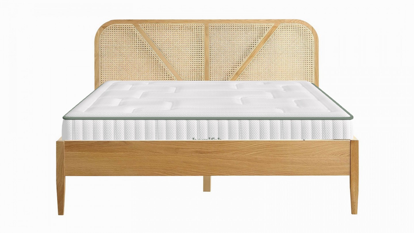 Ensemble lit adulte 180x200 cm placage bois avec tête de lit en cannage Leonie + Matelas Latex naturel Latex Luxury