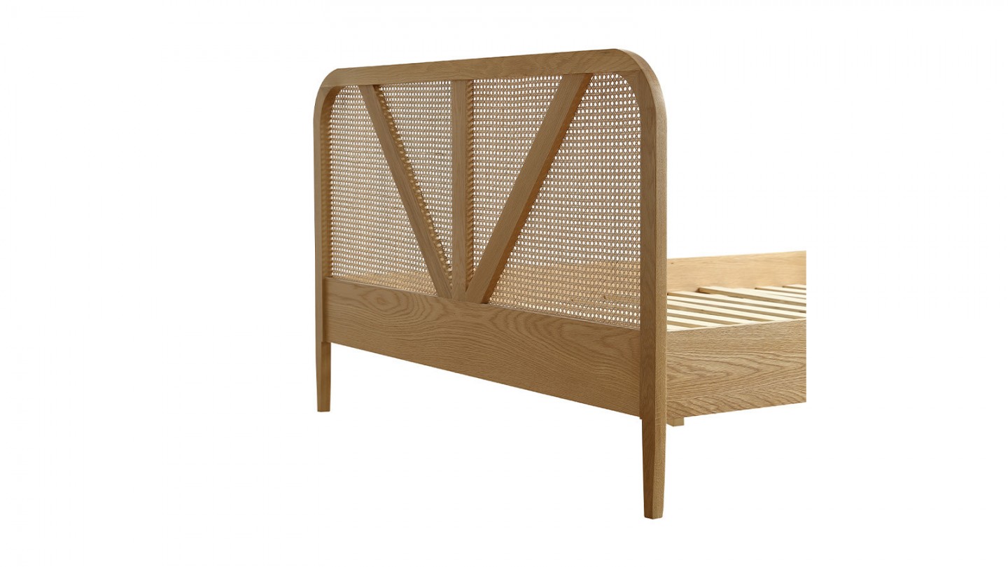 Ensemble lit adulte 140x190 cm placage bois avec tête de lit en cannage Leonie + Matelas mémoire de forme Memo HR