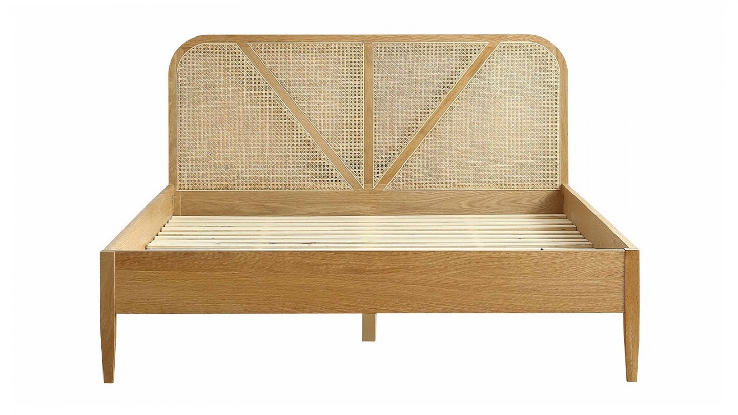 Ensemble lit adulte 140x190 cm placage bois avec tête de lit en cannage Leonie + Matelas mémoire de forme Memo HR