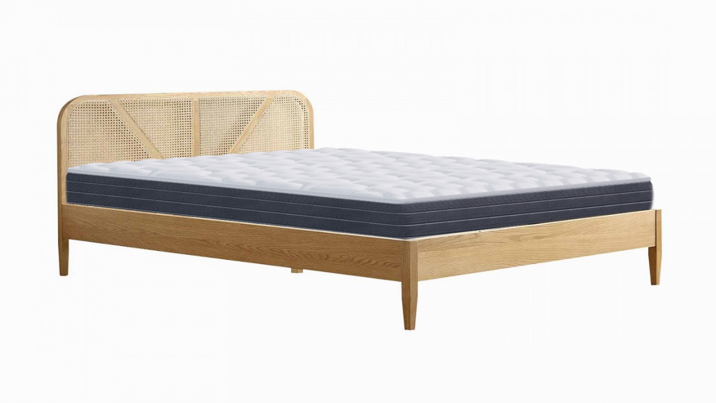 Ensemble lit adulte 160x200 cm placage bois avec tête de lit en cannage Leonie + Matelas mémoire de forme Memo HR