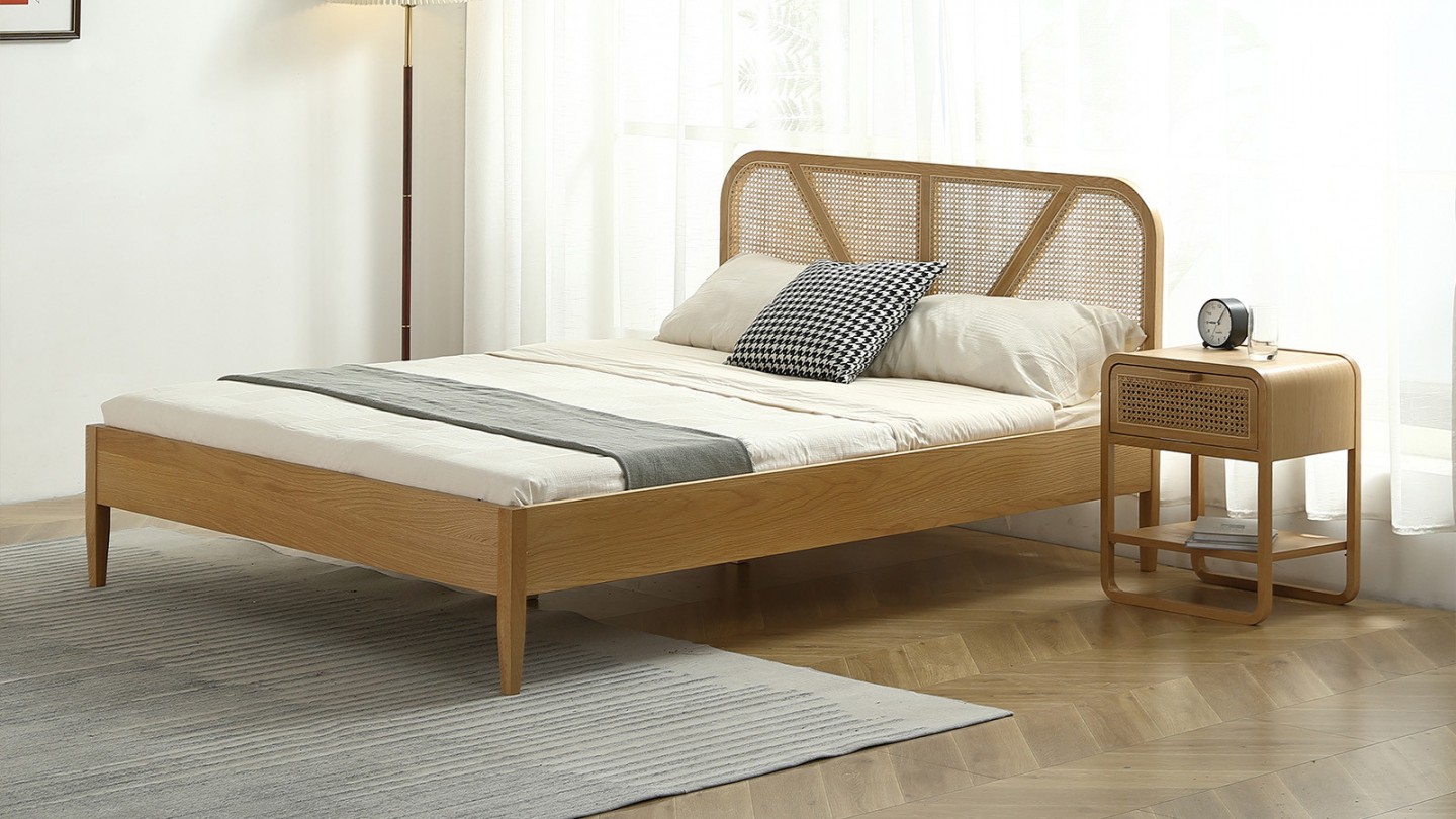 Ensemble lit adulte 160x200 cm placage bois avec tête de lit en cannage Leonie + Matelas mémoire de forme Memo HR