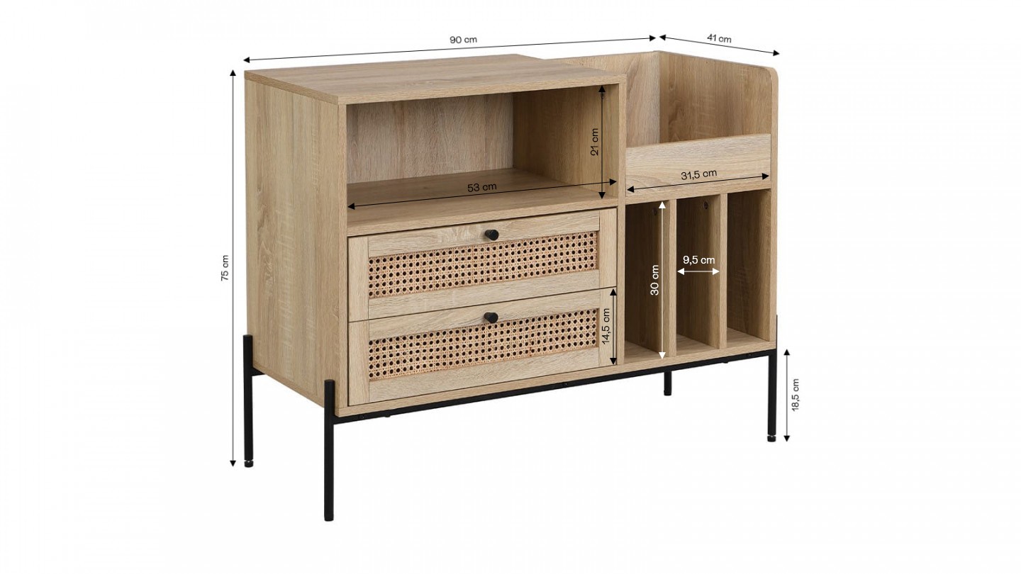 Meuble range vinyles 2 tiroirs en cannage naturel et effet chêne 90 cm - Iris