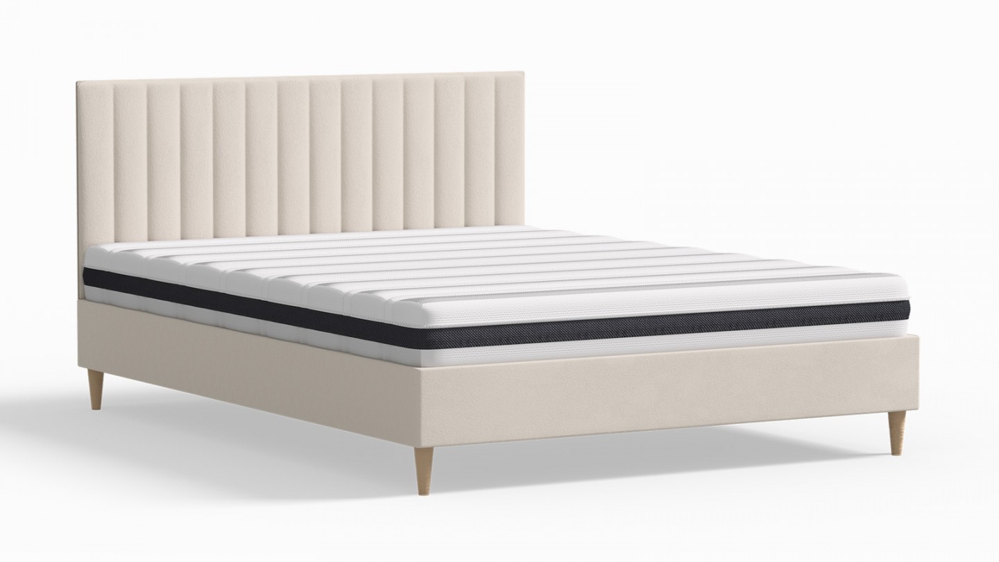 Ensemble lit adulte 140x190 cm en velours beige avec tête de lit matelassée Eliot + Matelas ressorts ensachés Mousse HR